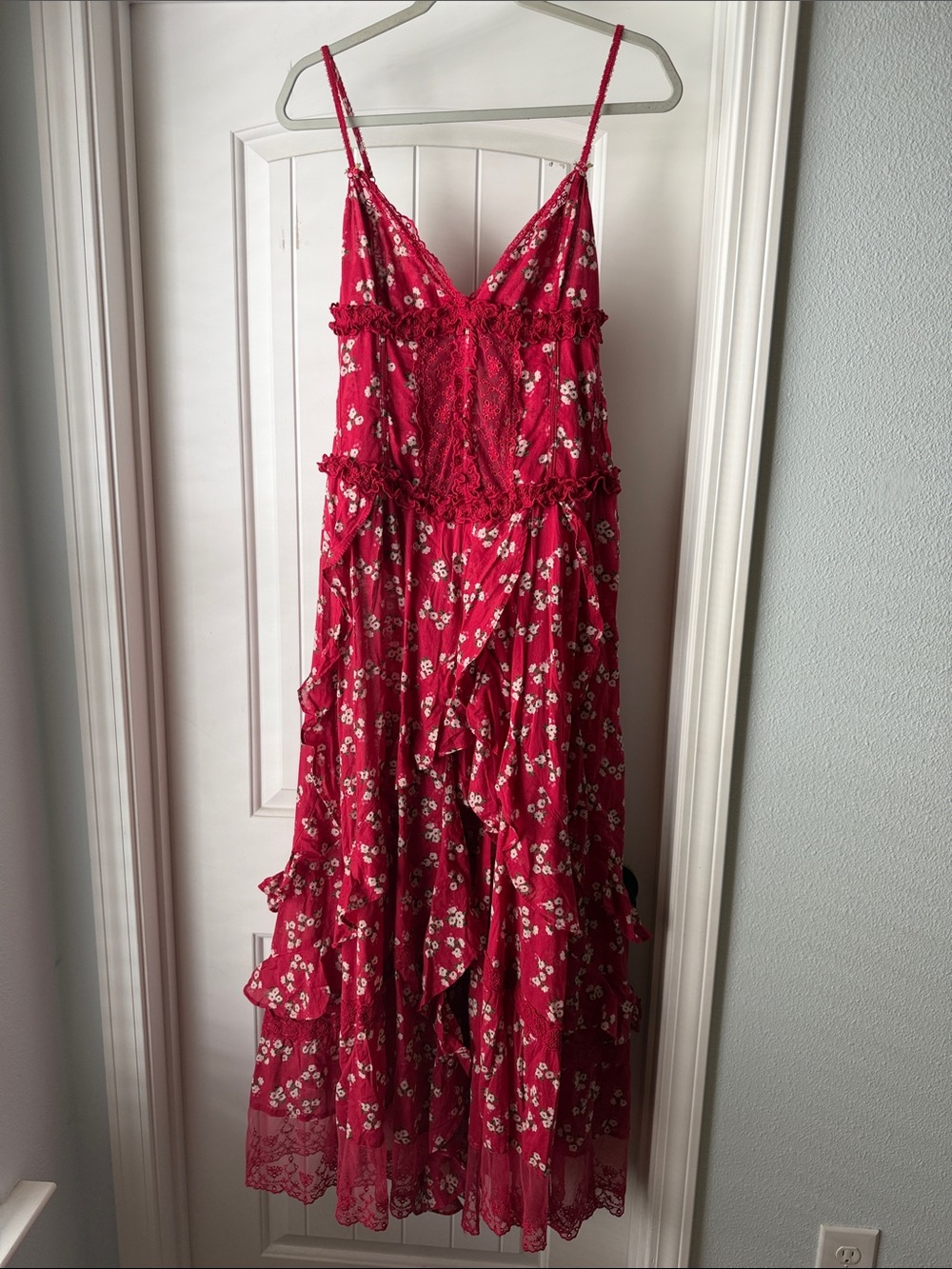 Free People Red Floral Lace-Trim Maxi